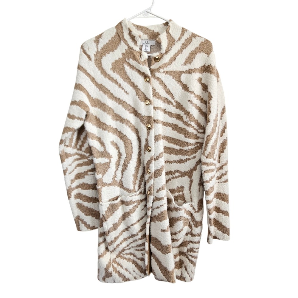 Halston Zebra Print Fuzzy Cardigan Sweater Tan White Gold Button Mock Neck Small